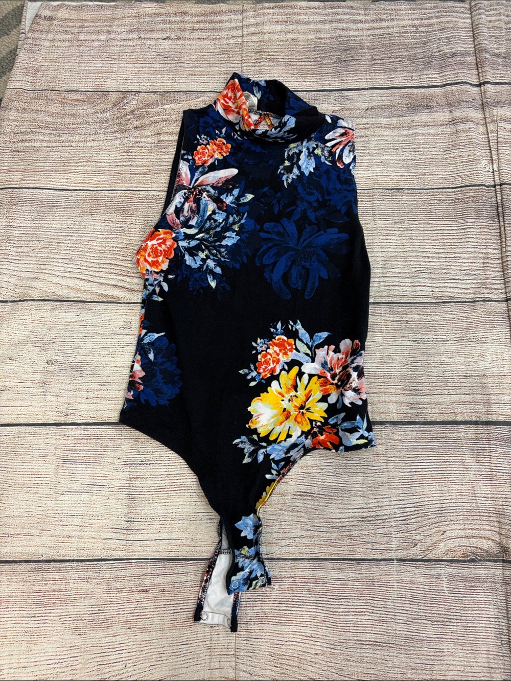 Free People Navy Floral Mock Neck Bodysuit with Bright Blooms